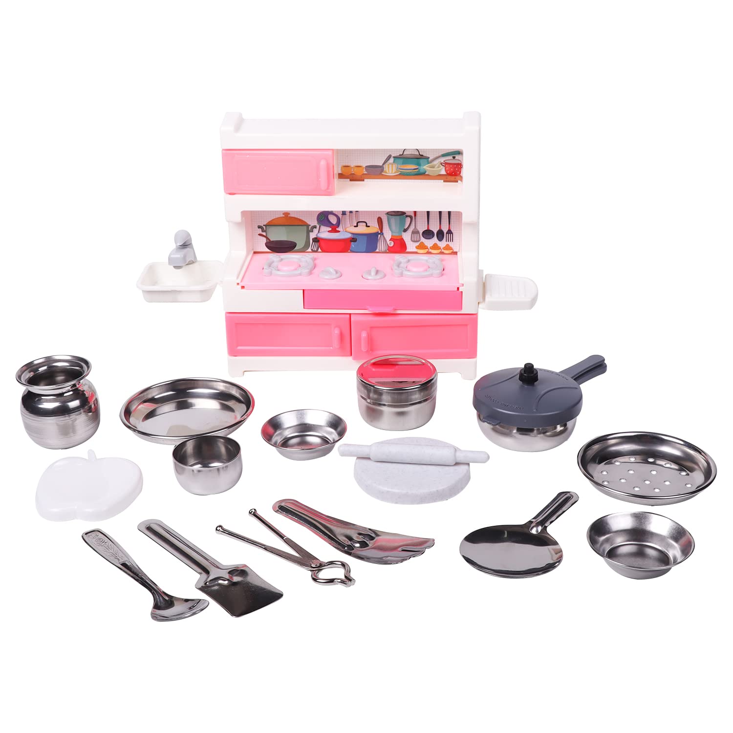 Storio Green House Kitchenware Set Non Toxic Plastic Along with Pure Stainless Steel Cooking Accessories for Girls Age 3 Years Plus