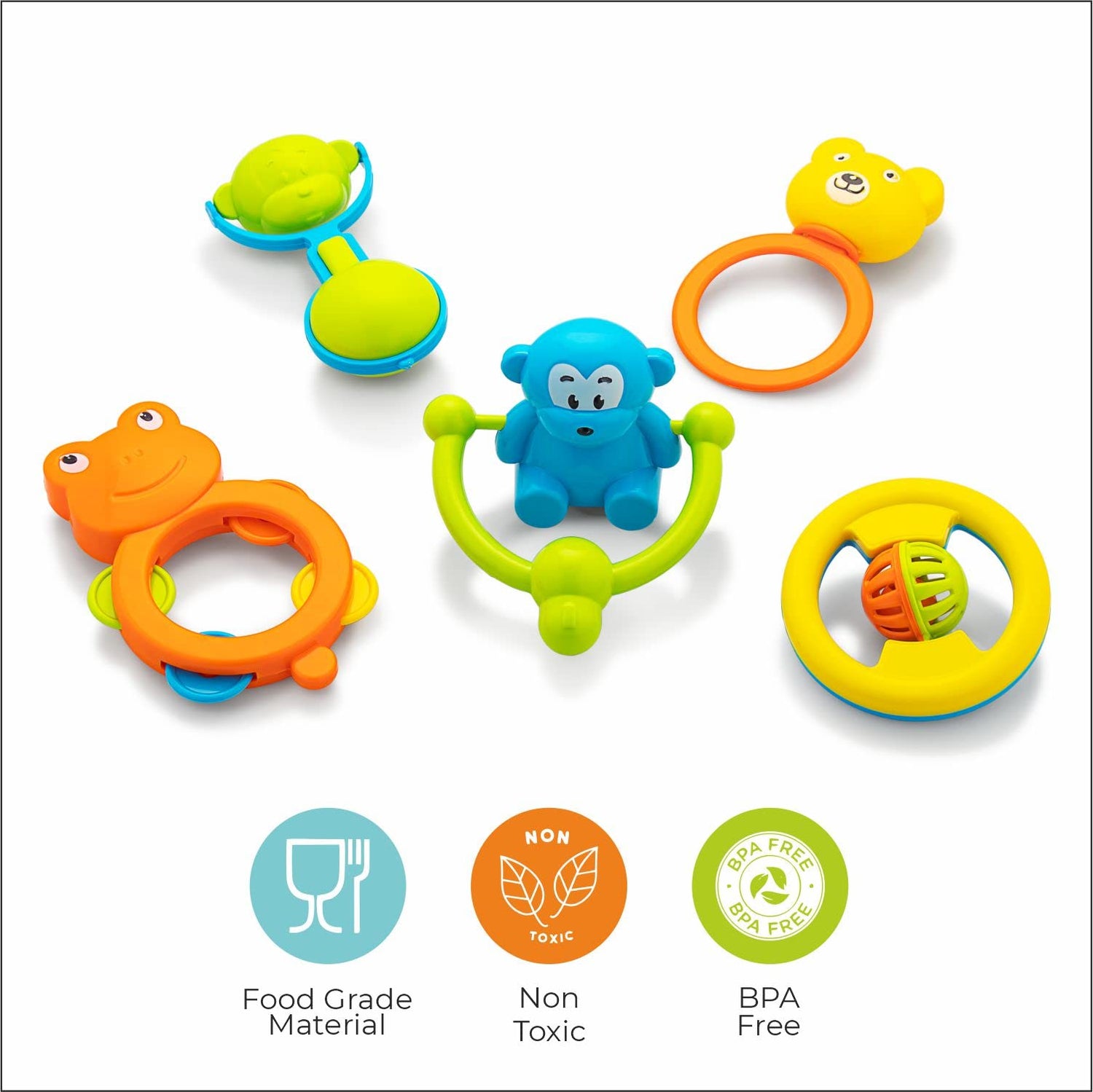Storio Baby Toys Rattles and Teethers Set for New Born Babies Toddler Infants & Children 5 Pcs - Non Toxic