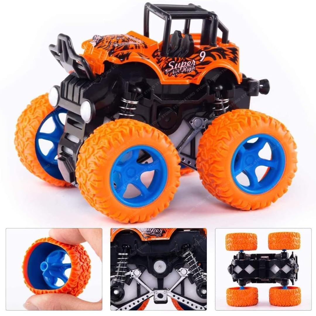 Storio Pack of 4 4x4 Friction Powered Mini Monster Trucks for Boys 3-7 Years | Durable Alloy & Non-Toxic Plastic Car Toys | Educational Toy Vehicles with Non-Slip Tires | Gift for Kids