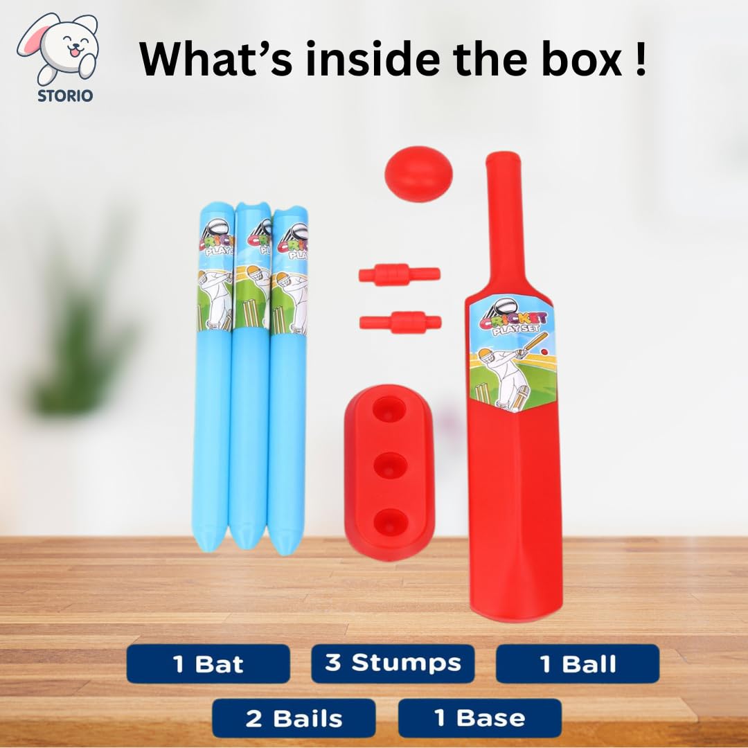 Storio Junior Cricket Set for Kids 2+ Years | Bat, Ball, Stumps, Bails & Holder | Plastic 20-20 Cricket Kit Toy for Boys & Girls | Birthday Gift | Red & Blue