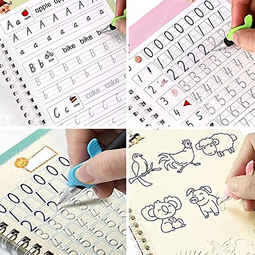 Storio Sank Magic Practice Copybook, (4 Book + 10 Refill+ 2 Pen +2 Grip) Number Tracing Book for Preschoolers with Pen, Magic Calligraphy Copybook Set