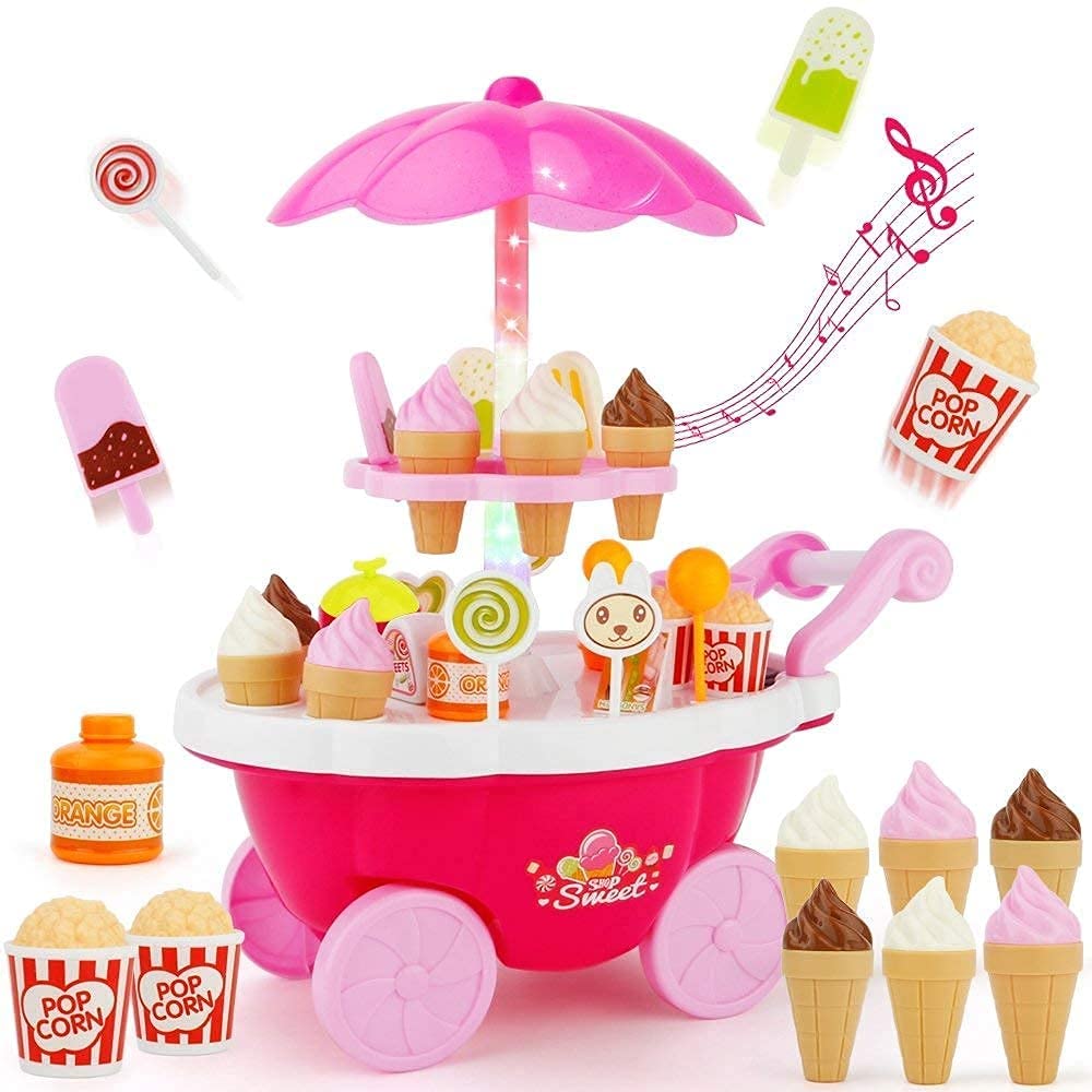 Storio Plastic Ice Cream Sweet Trolley Cart Pretend Play Set with Music and Lights Toys for Girls, Colour May Vary, 39 Accessories