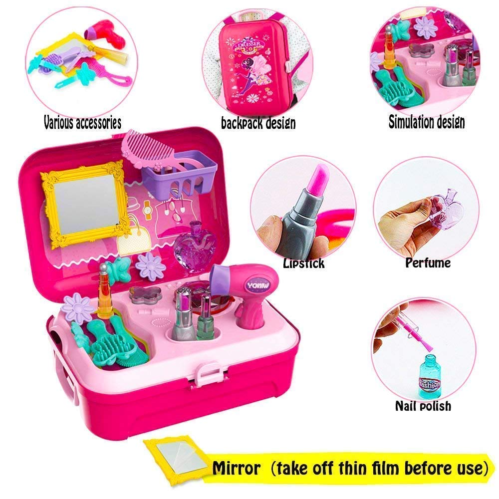 ToysBuddy 21 Pcs Backpack Style Little Girls Play Makeup Set - Pretend Salon Beauty Makeup Kit for Toddlers Kids