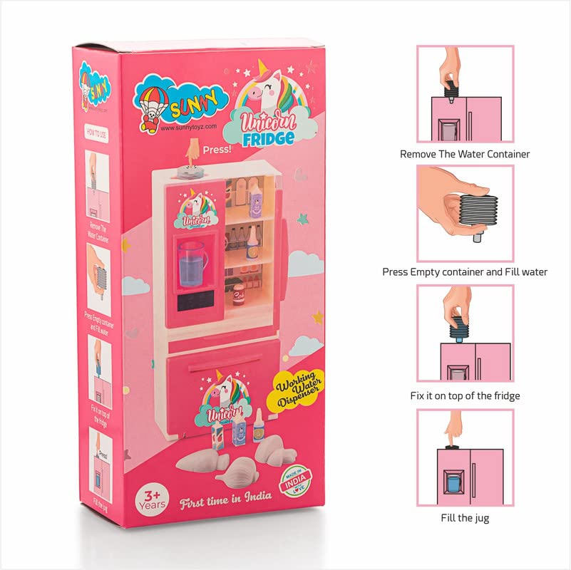 Storio Unicorn Pink Fridge Kitchen Set Toys Pretend Play Toy Set with Multiple Accessories & Realistic Water Dispenser for Kids Girls | Best Birthday Gift for Kids Children