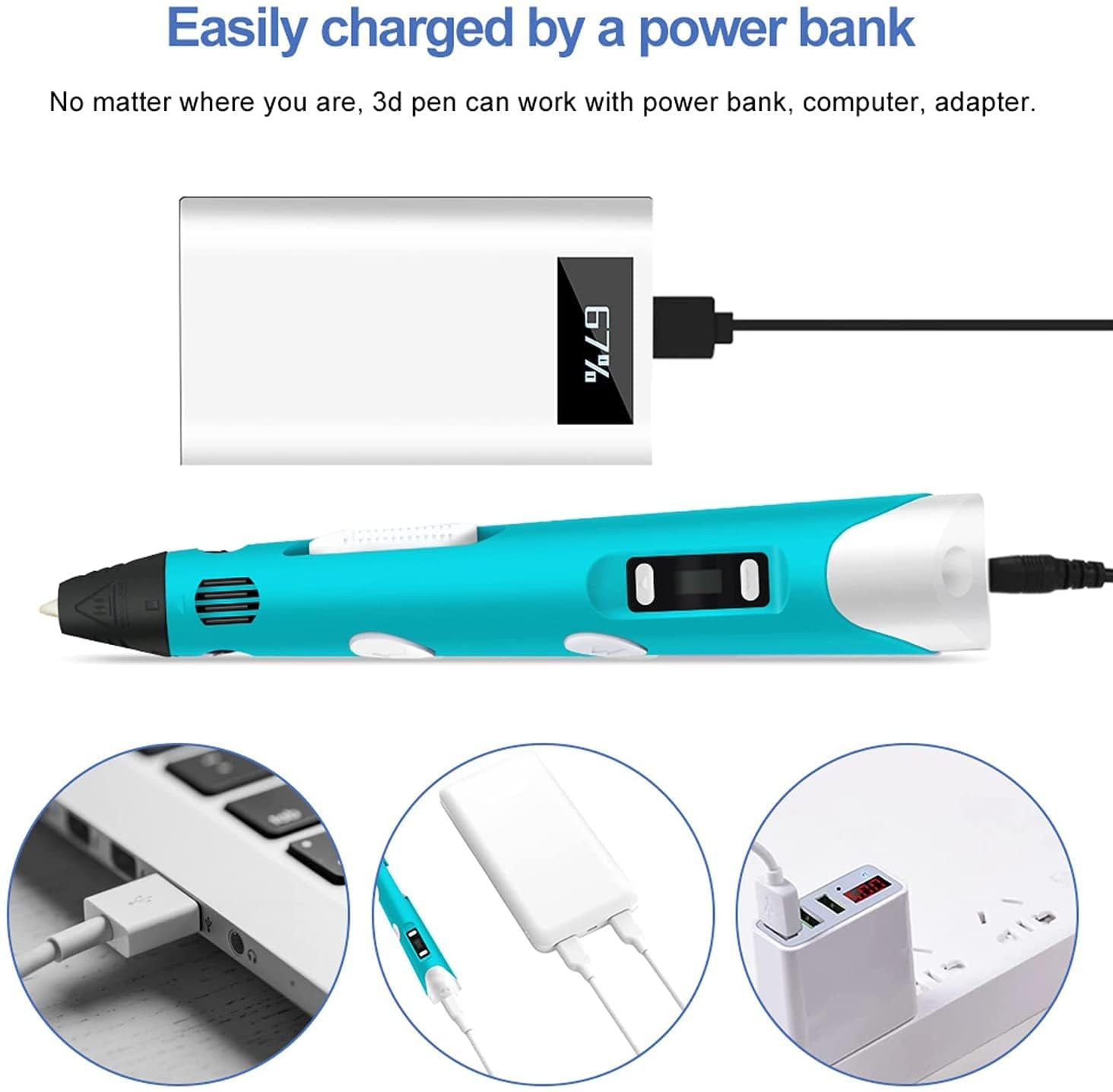 Storio 3D Pen with Adapter| 3D Pen for Kids| 3D Pen with 3 * 1.75MM PLA Filaments 10m Each| 3D Printing Pen | 3D Pen Set with PLA Filament Included - Ready to Create, Blue