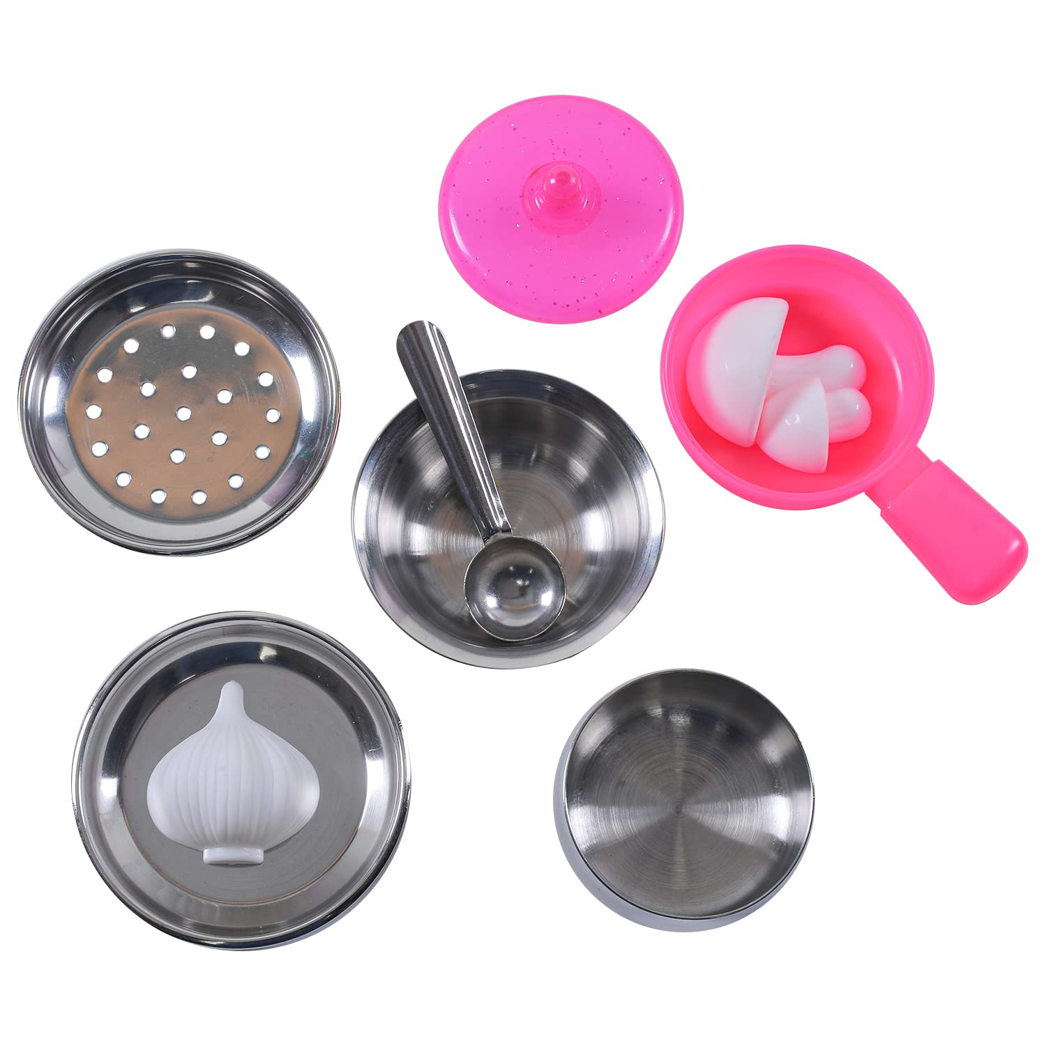 Storio Tasty- Kitchen Set with Unbreakable Stand Safe and Non Toxic Plastic Along with Pure Stainless Steel Cooking Accessories for Girls Age 3 Years Plus 6 PCS