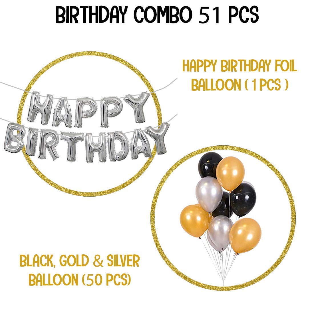 LUXZURY by Storio Happy Birthday Helium Letters Foil Metallic Golden Silver Black Decor Balloons Decoration Kit - 51 Pieces Set Combo