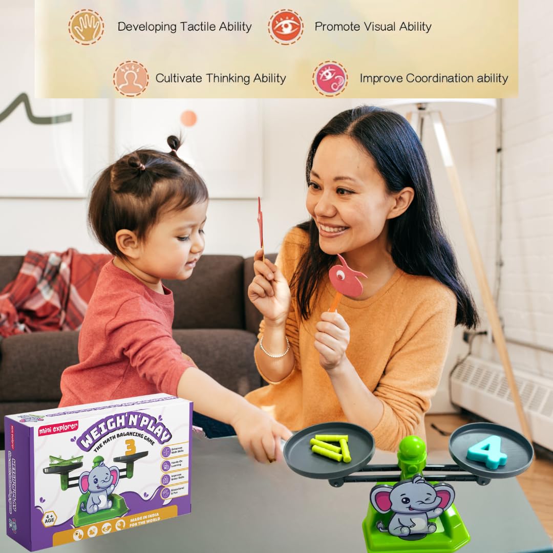 MiniExplorer 2 in 1 Elephant and Sugarcane Balancing Toy for Kids with Educational Board Game Math Counting Number Learning Activity Toy Engaging Preschool Game Children's Gift for 3 4 5 6 7 8 Years