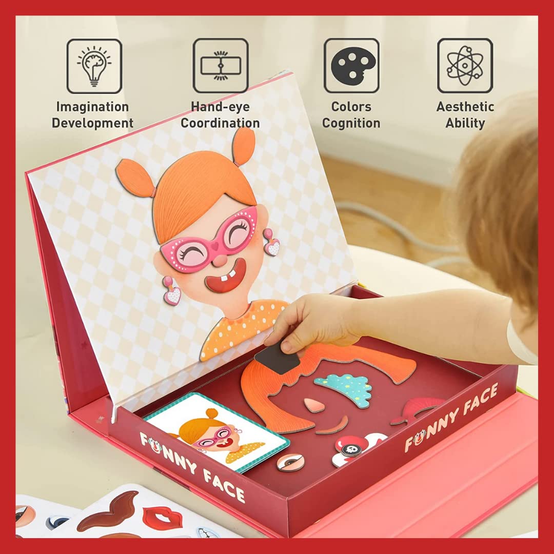 Storio Magnetic Box Series - Funny Faces Puzzles Toys With Reference Cards and Magnetic Board and Marker To Draw & Play Educational Toy for Kids 2 3 4 Years Boys Girls Montessori Gift Fun & Play for Baby (60 Magnet Pcs)
