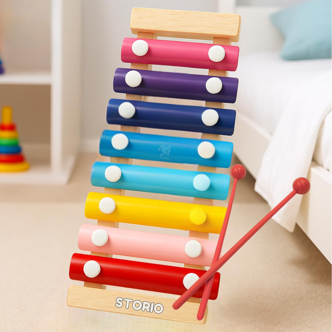 Storio Wooden Xylophone Toy for Kids 3+ Years | 8-Note Musical Instrument with 2 Mallets | Multicolor Educational Sound Learning for Toddlers & Preschoolers | Safe Music Toy for Boys & Girls