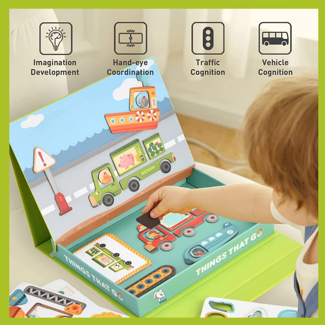 Storio Magnetic Box Series - Things That Go Vehicles Puzzles Toys With Reference Cards and Magnetic Board and Marker To Draw & Play Educational Toy for Kids 2 3 4 Years Boys Girls Montessori Gift Fun & Play for Baby (54 Magnet Pcs)