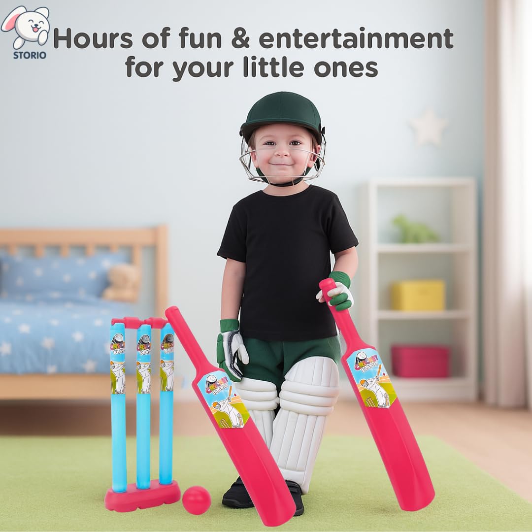 Storio Junior Cricket Set for Kids 2+ Years | Bat, Ball, Stumps, Bails & Holder | Plastic 20-20 Cricket Kit Toy for Boys & Girls | Birthday Gift | Red & Blue