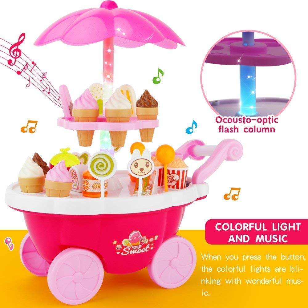 Storio Plastic Ice Cream Sweet Trolley Cart Pretend Play Set with Music and Lights Toys for Girls, Colour May Vary, 39 Accessories