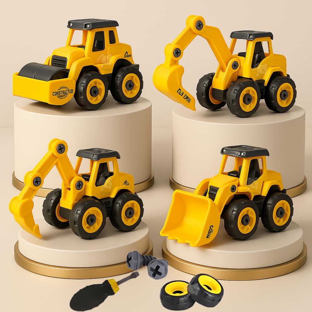 Storio Mechanical DIY Construction Engineering Car Toy Set of 4 | Kids STEM Sand Toys for Toddlers Age 3-5, Building Sandbox Toys Truck, Birthday Gifts for Boys 2 3 4 5 6 Year Old - Set of 4