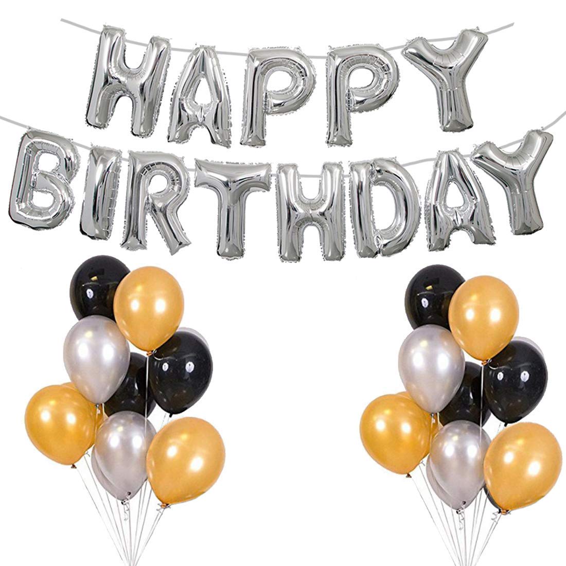 LUXZURY by Storio Happy Birthday Helium Letters Foil Metallic Golden Silver Black Decor Balloons Decoration Kit - 51 Pieces Set Combo