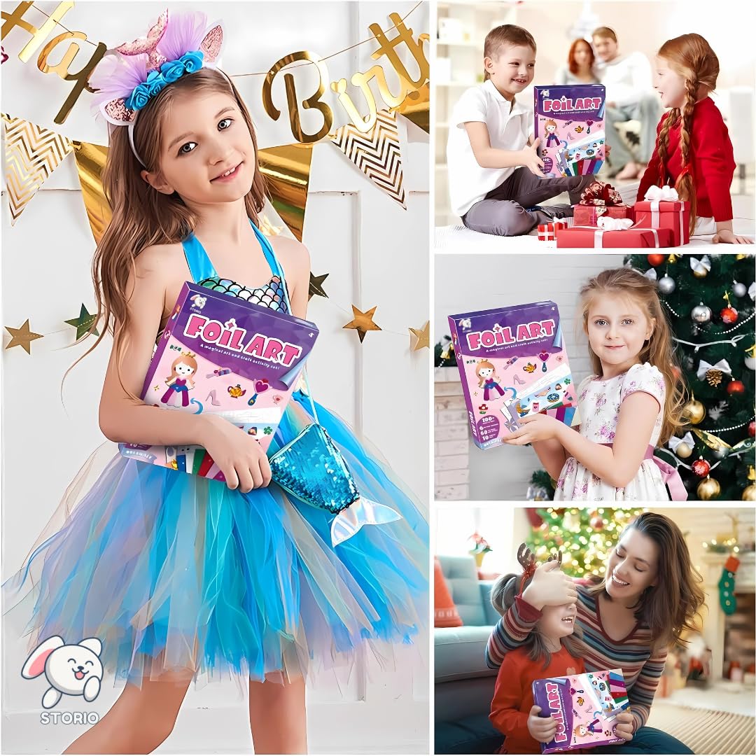 Storio DIY Art & Craft Activity Toys - Foil Art Dream Set with Unicorn & Princesses| Non Messy Creative Activity Supplies| Best Gifts for Girls & Boys Ages 4, 5, 6, 7, 8, 9| Toys for Travel