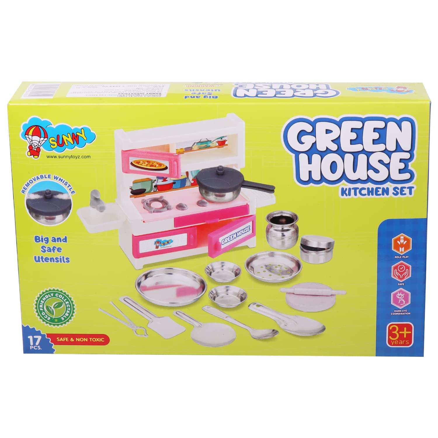 Storio Green House Kitchenware Set Non Toxic Plastic Along with Pure Stainless Steel Cooking Accessories for Girls Age 3 Years Plus