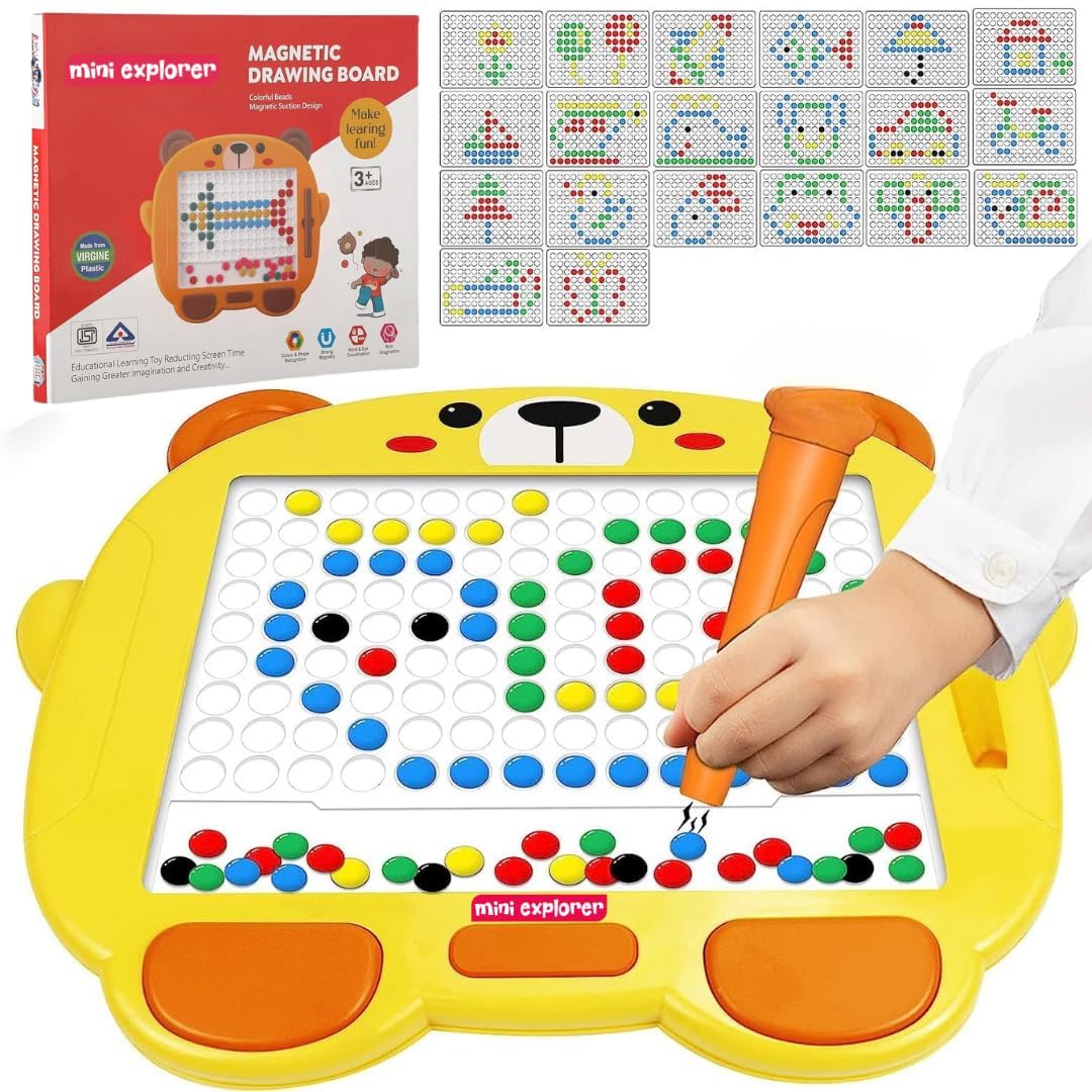 MiniExplorer Big Magnetic Slate Drawing Board for Kids|Doodle Board Magnetic Beads Pen Drawing Board Dot Art Educational Travel Toys for 2-8 Year Old Boys Girl - Yellow