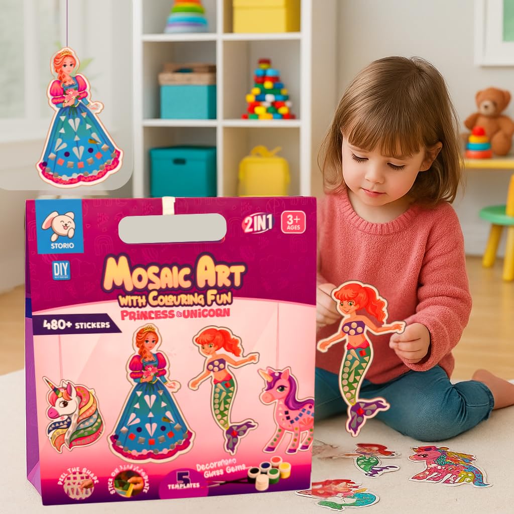 Storio Mosaic Art & Craft Kit for Kids with Colouring Fun | Mirror Mosaic DIY Set with Unicorn & Princess Theme | Creative Craft Activity for Girls Age 4-8 | Mess-Free, Fun & Educational Gift