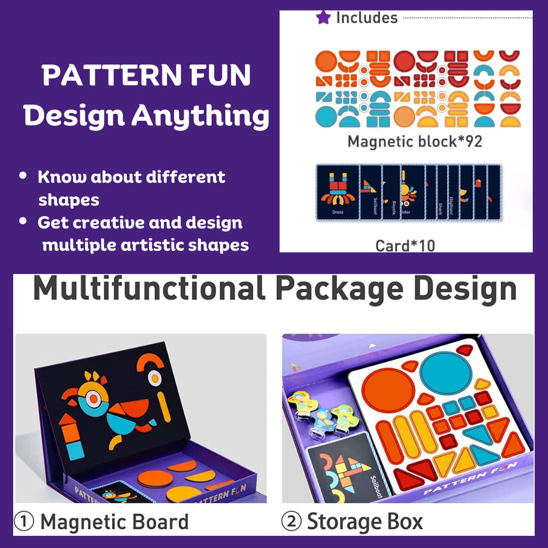 Storio Magnetic Box Series - Pattern Fun Puzzles Toys With Reference Cards and Magnetic Board and Marker To Draw & Play Educational Toy for Kids 2 3 4 Years Boys Girls Montessori Gift Fun & Play for Baby (85+ Magnet Pcs)