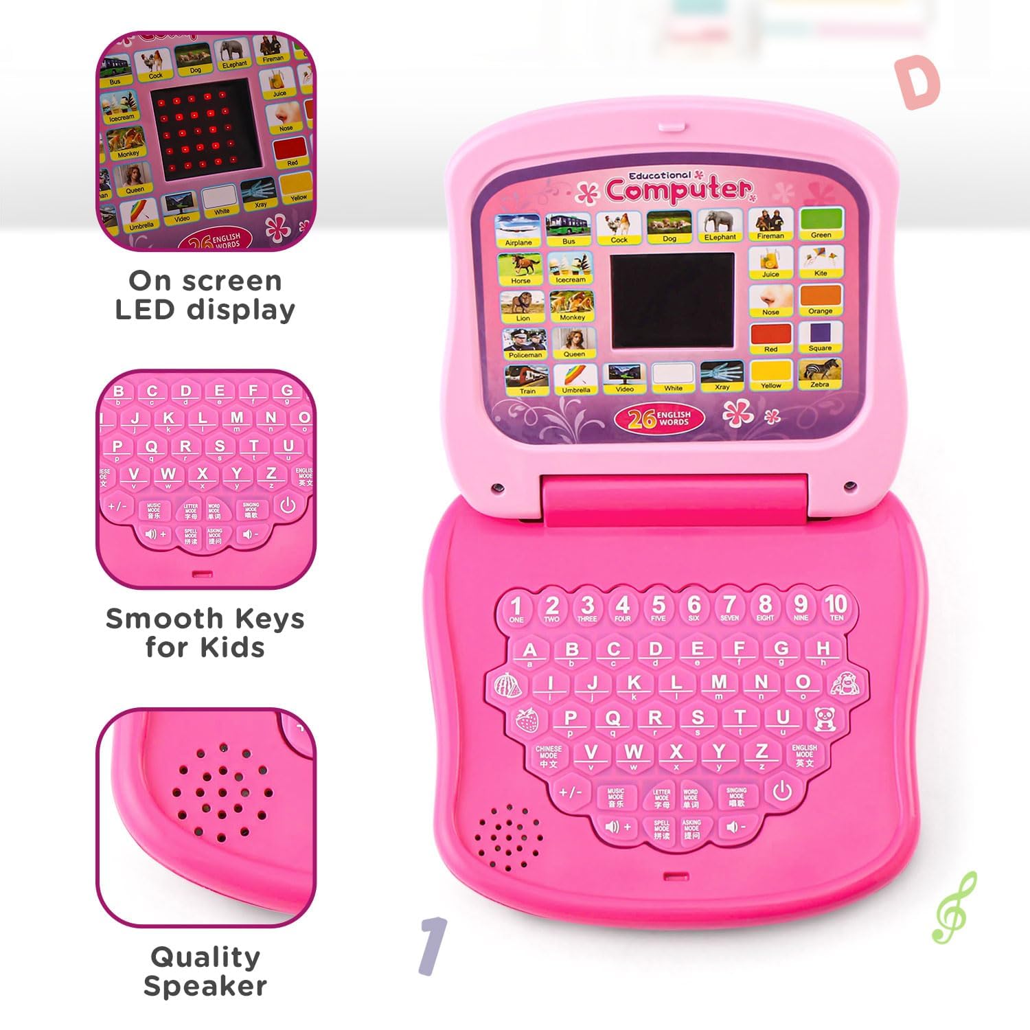 Storio Toys Educational Learning Laptop Toy with LED Display & Music Effect|Educational Toy Preschool Learning for Babies,Girls,Boys & Toddlers|Power Source: 3xAA Battery (Not Included)-Pink,Multi