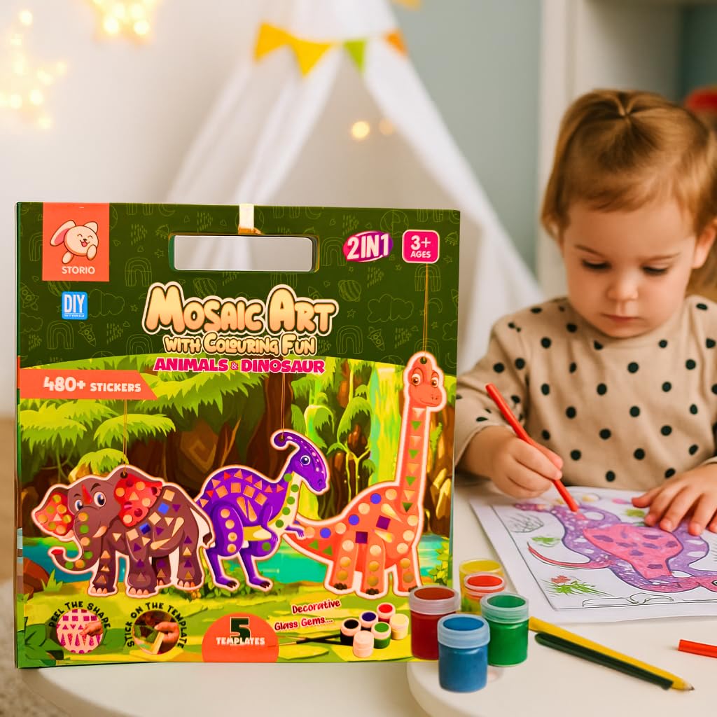 Storio Mosaic Art & Craft Kit for Kids with Colouring Fun | Mirror Mosaic DIY Set with Animals & Dinosaurs Theme | Creative Craft Activity for Girls Age 4-8 | Mess-Free, Fun & Educational Gift