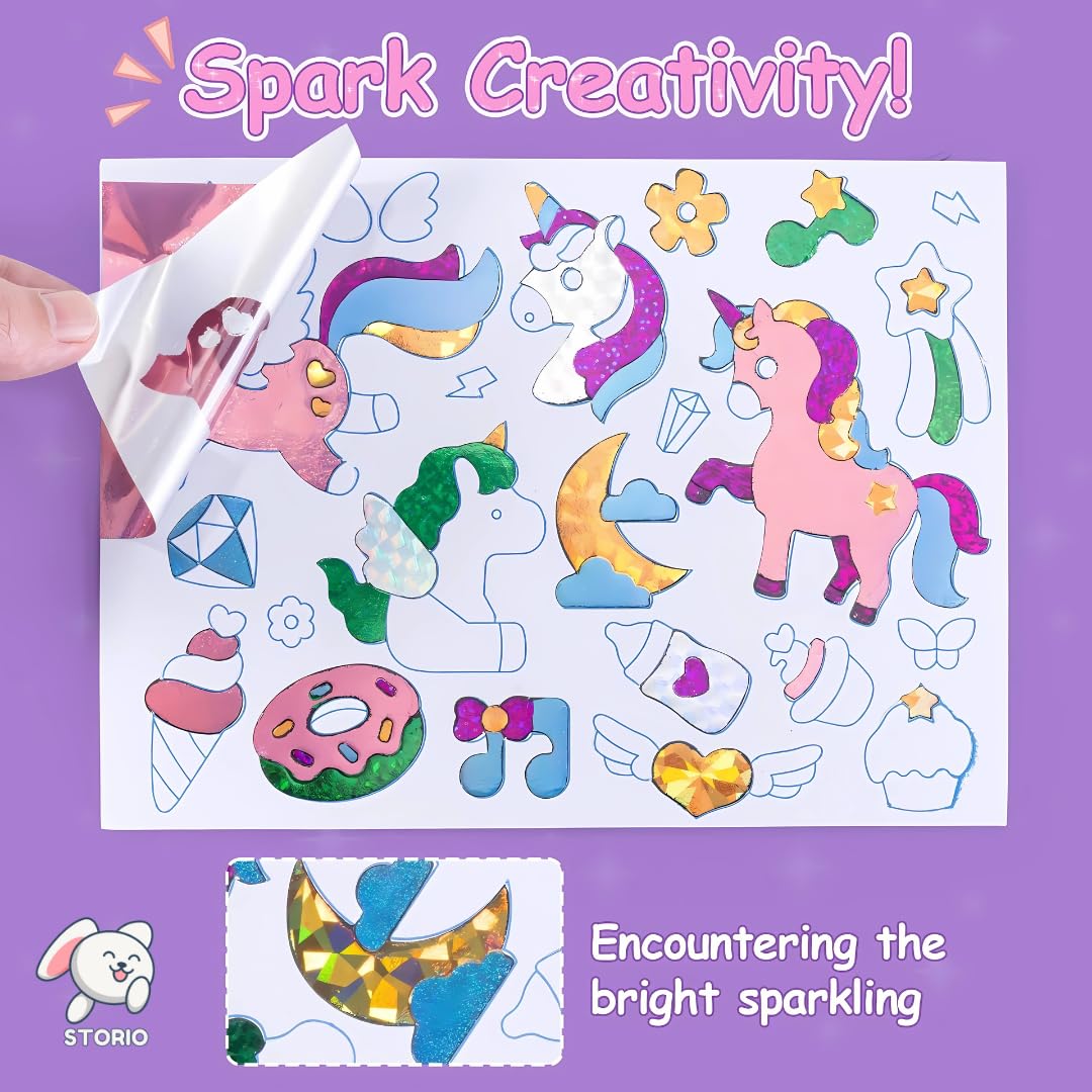 Storio DIY Art & Craft Activity Toys - Foil Art Dream Set with Unicorn & Princesses| Non Messy Creative Activity Supplies| Best Gifts for Girls & Boys Ages 4, 5, 6, 7, 8, 9| Toys for Travel