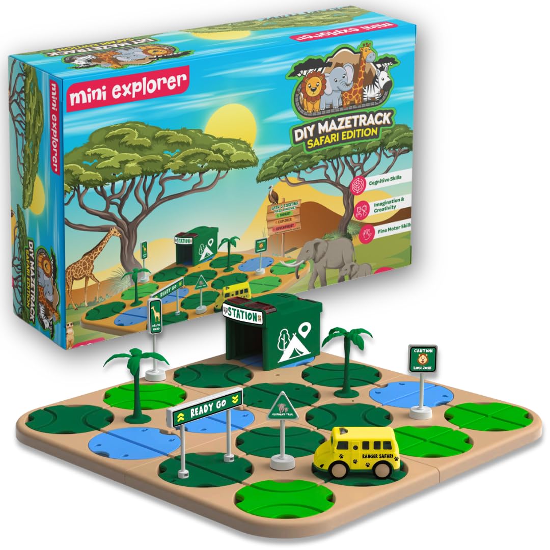 MiniExplorer Jungle Safari Themed DIY Maze Track | 41-Piece DIY Puzzle Track Car Play Set for Kids | Educational Jungle Adventure Maze Set for Cognitive Skill Development | Toys for Kids 3+