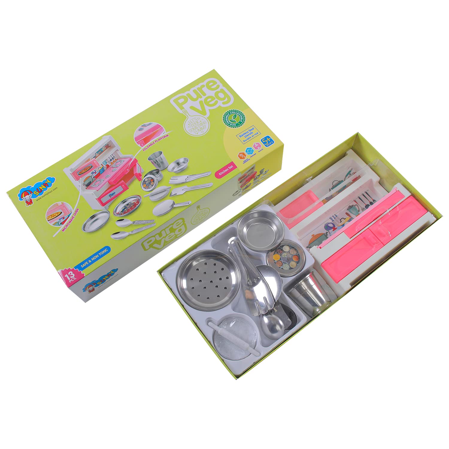 Storio Pure Veg Kitchenware Toy Set Non Toxic Stainless Steel Cooking Accessories for Girls Age 3 Years Plus 6 Pieces