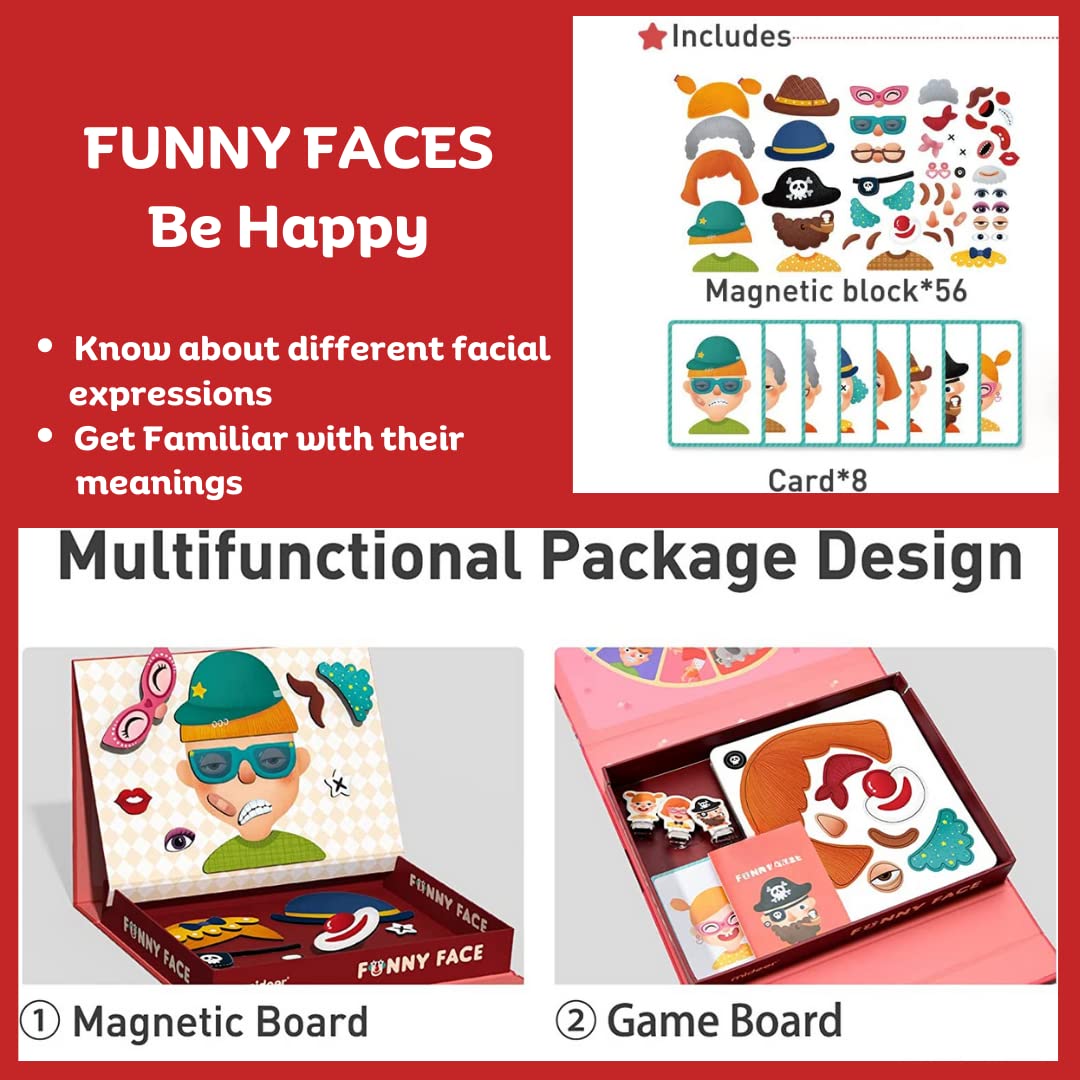 Storio Magnetic Box Series - Funny Faces Puzzles Toys With Reference Cards and Magnetic Board and Marker To Draw & Play Educational Toy for Kids 2 3 4 Years Boys Girls Montessori Gift Fun & Play for Baby (60 Magnet Pcs)